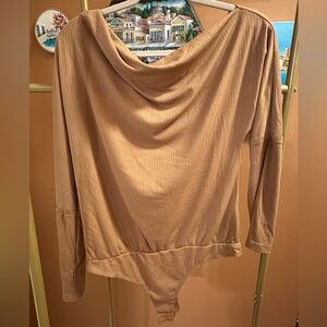 Tan/Light Brown Long Sleeve Cowl Neck Bodysuit